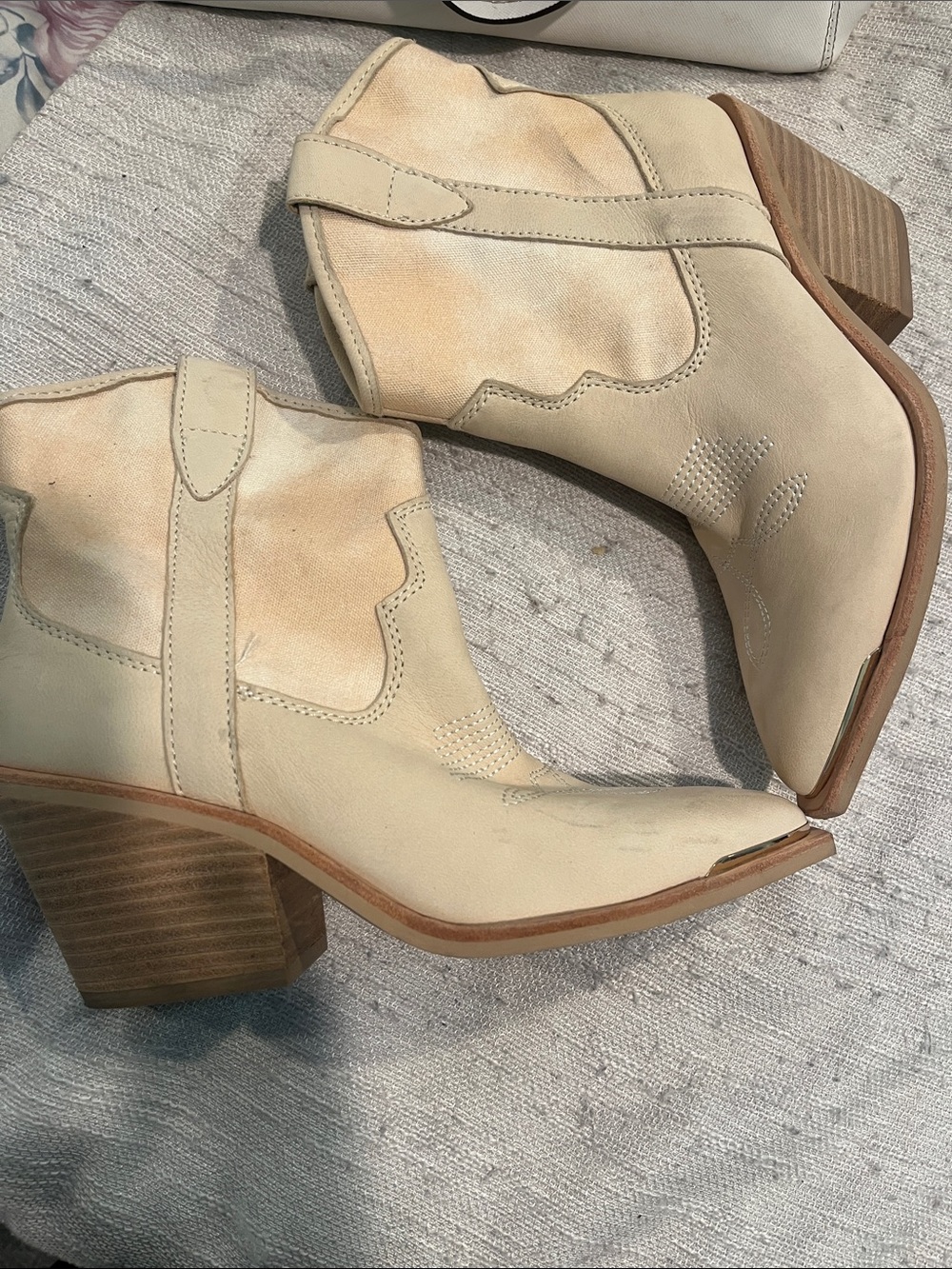 Dolce Vita Cream Western Ankle Booties with Stacked Heel